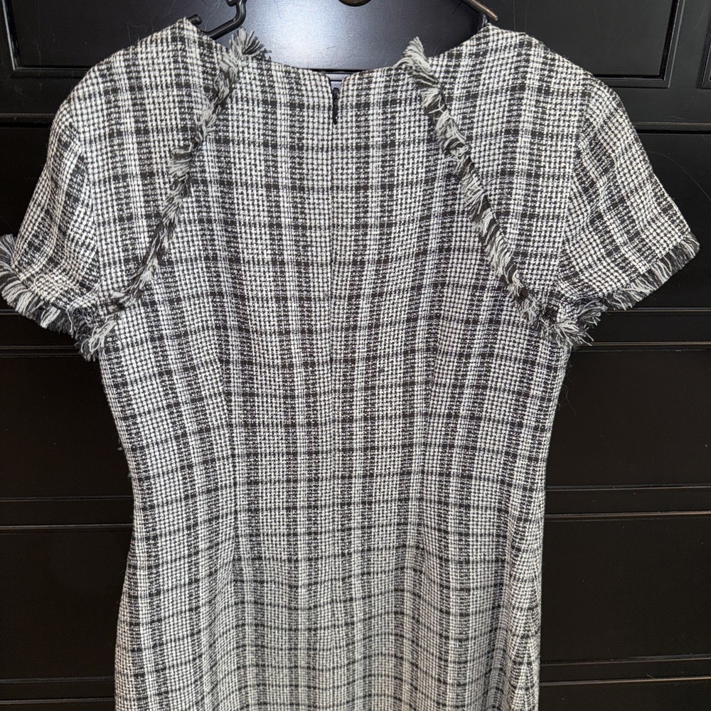 ELIZA J. TWEED DRESS Lace Accent Size 4 Black White Checked Women's Fringe Hem - Picture 8 of 10